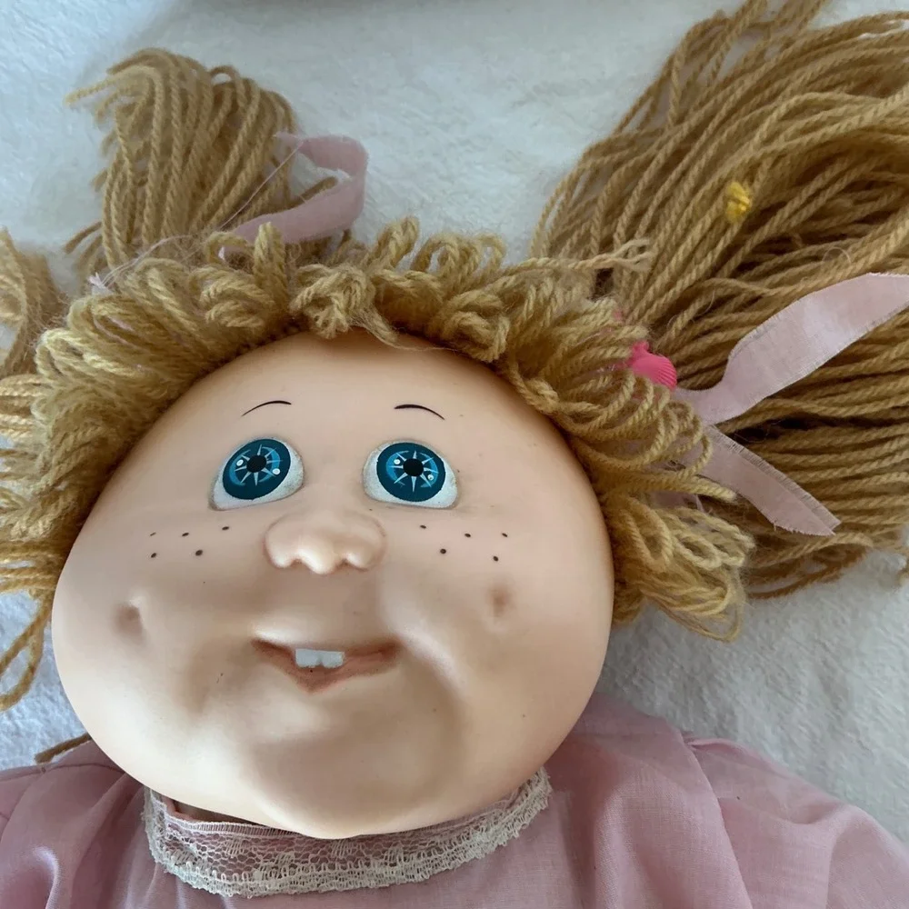 Vintage 1980s Doll Blonde Yarn Hair‎ Pink Lace Dress Large Toy